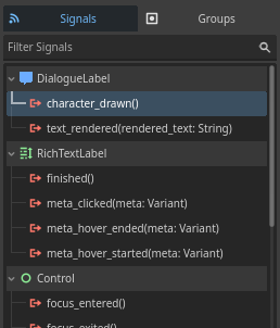 character_drawn signal being highlighted in the Node dock